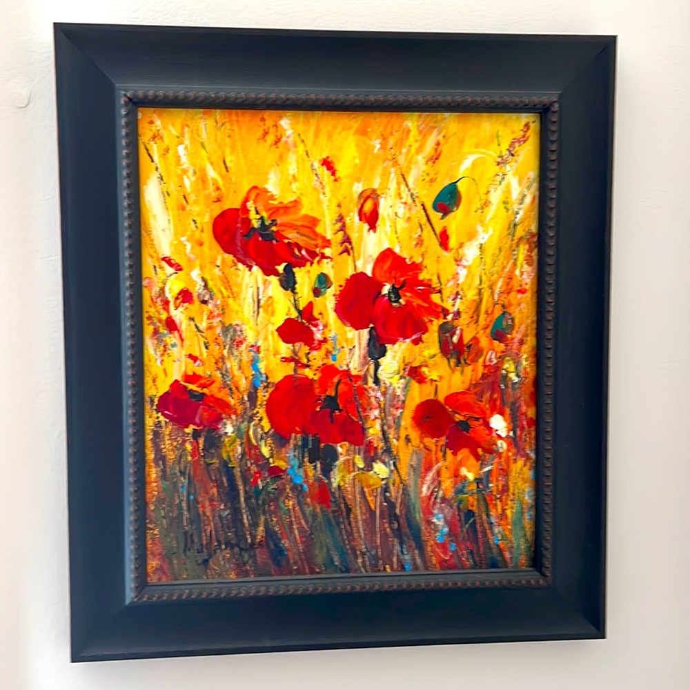 Framed Field of Poppies Acrylic Painting